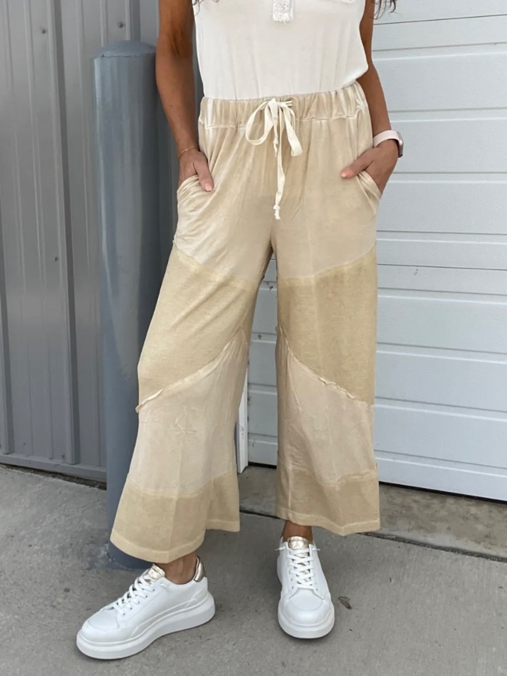 POL Tan Wide Leg Crop Pants | Lightweight Pull On Summer Casual Pants - Picture 6 of 6